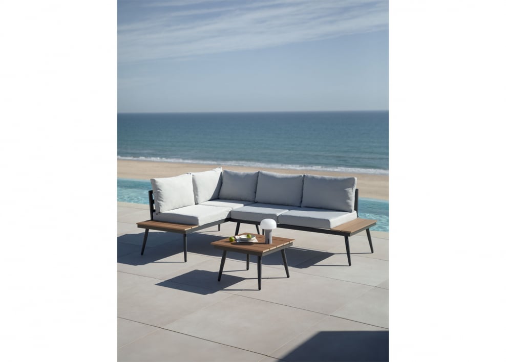 Conjunto de jardim com sofá de canto para 4 pessoas e mesa de centro em alumínio e madeira Nadi - Cinza Claro - Castanho Madeira