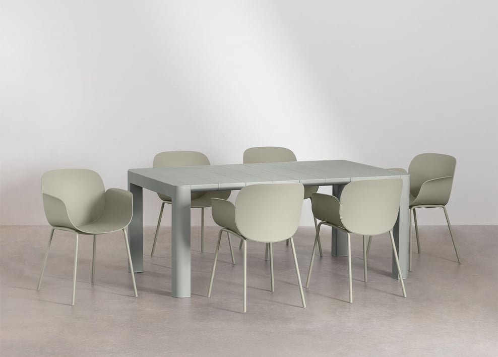 Conjunto de mesa retangular 180x100 cm Arnadine e 6 cadeiras de jantar em polipropileno e aço Lynette - Verde Cáqui