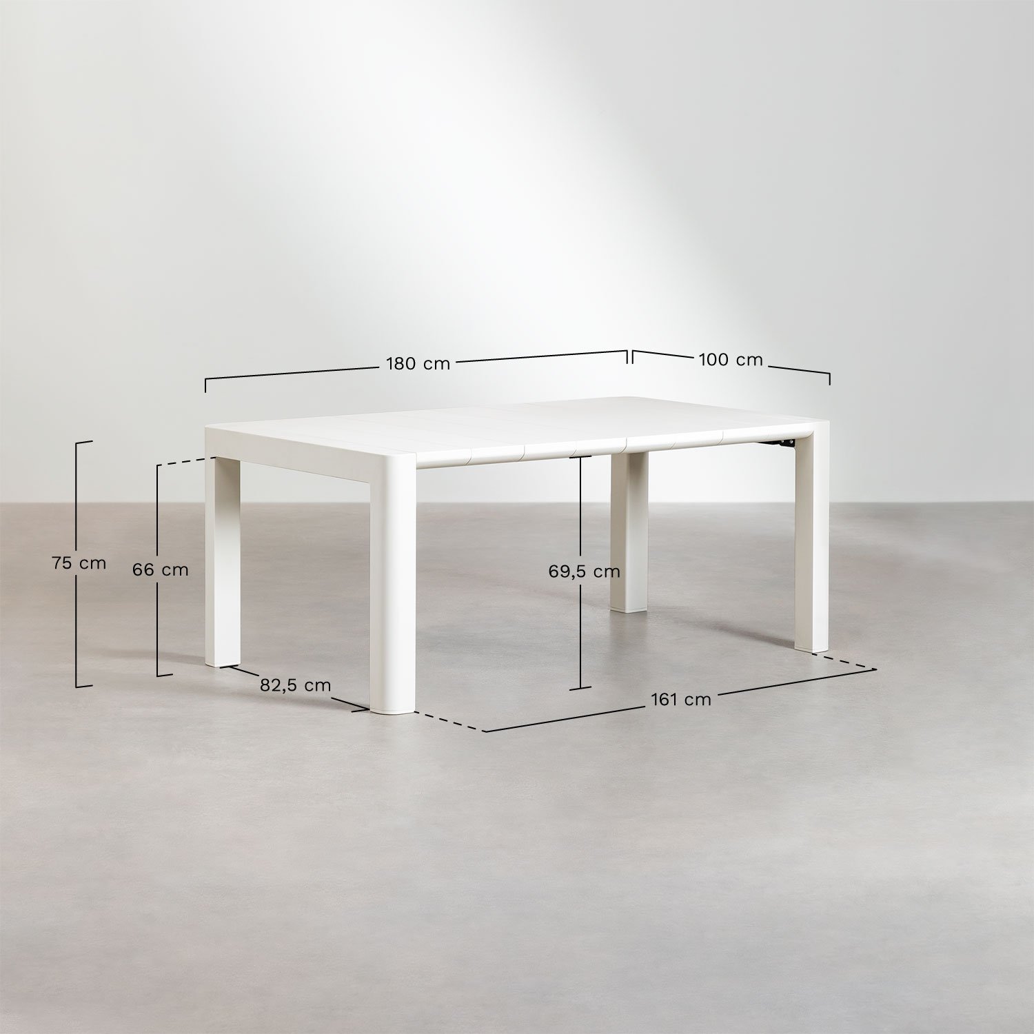 Conjunto de Mesa Retangular Arnadine (180x100 cm) e 6 Cadeiras de Jantar Empilháveis com Braços Omara, Dimensões