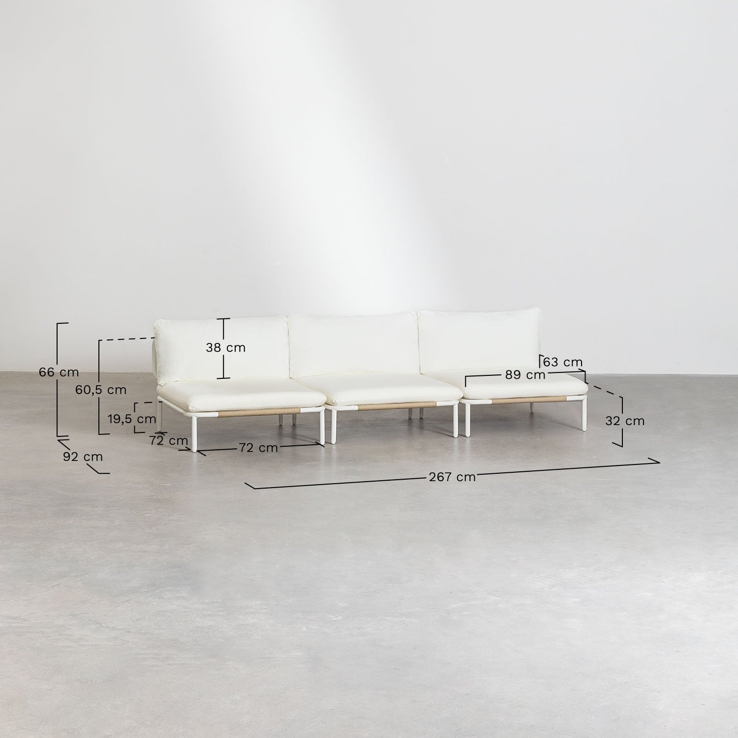 Sofá modular de jardim de 3 peças Roubly, Dimens&otilde;es