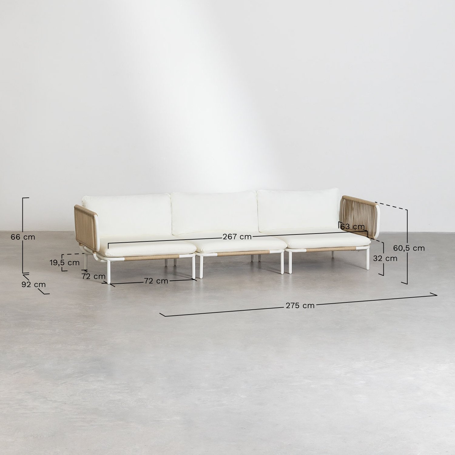 Sofá de jardim modular de 3 peças com 2 poltronas de canto, pufe, poltrona e mesa de centro Roubly , Dimensões