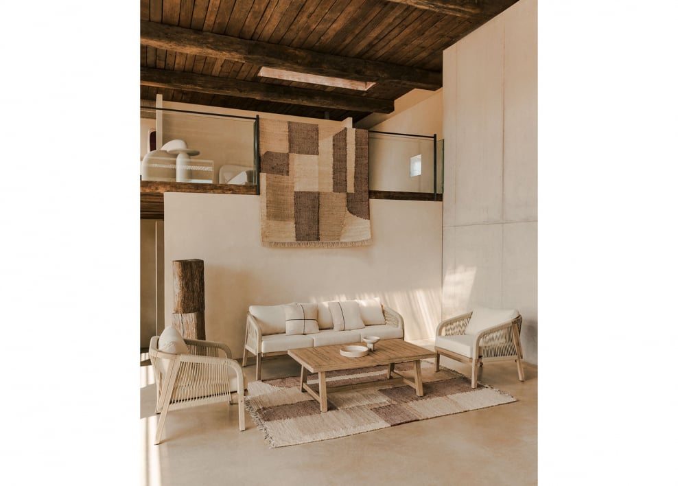 Conjunto de sala com sofá de 3 lugares, 2 poltronas e mesa de centro em madeira de acácia Dubai