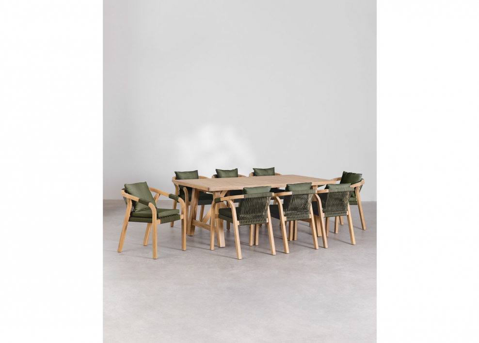 Conjunto de mesa retangular 200x100 cm acácia rústica e 8 cadeiras de jantar em acácia Dubai - Castanho Acácia Rústico