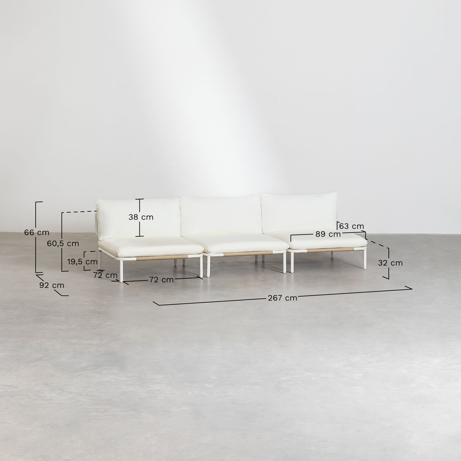 Sofá de jardim modular de 3 peças, pufe e mesa de centro Roubly, Dimensões