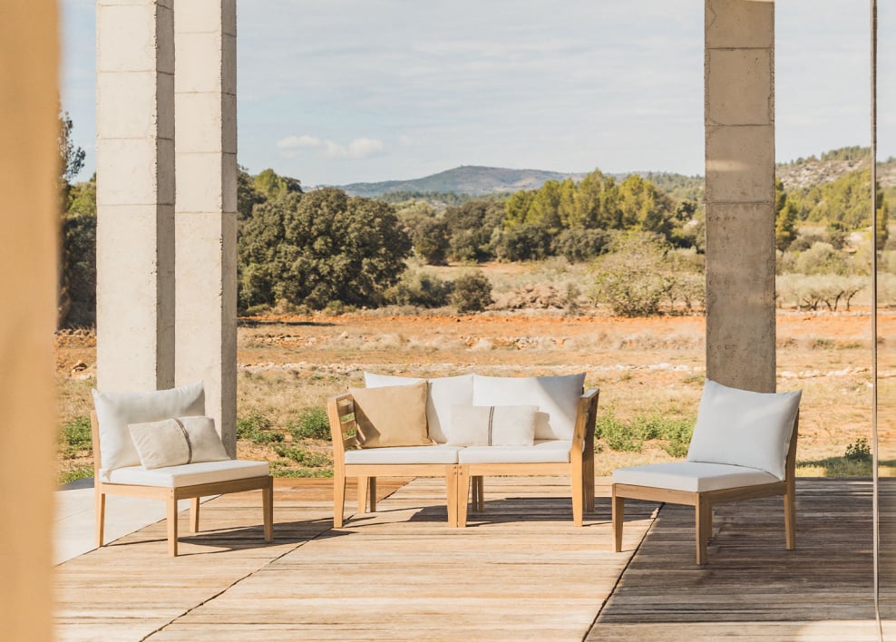 Sofá de jardim modular de 4 peças com braços em madeira de acácia Filips - Gardénia Branco