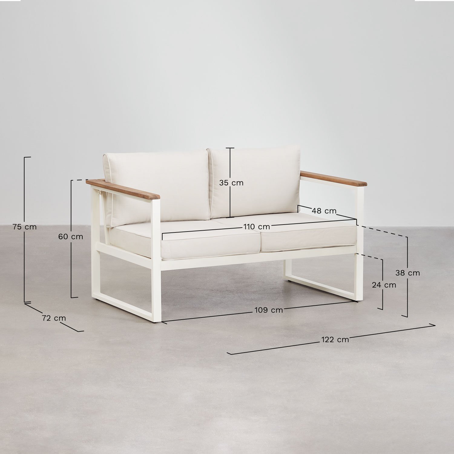 Conjunto de sofá de jardim de 2 lugares e mesa de centro Lipov em alumínio e madeira de acácia 110x55cm, Dimensões