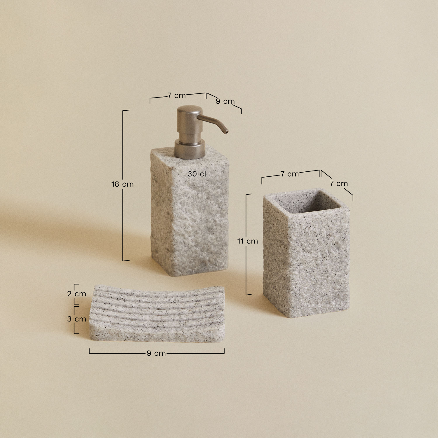 Conjunto de banheiro em resina Espluy, Dimensões