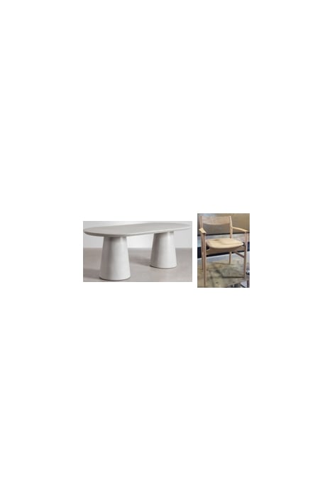 Conjunto de mesa de jantar oval 220x95 cm em cimento Noemi e 6 cadeiras de jantar em madeira de carvalho Mireita - Madeira Natural