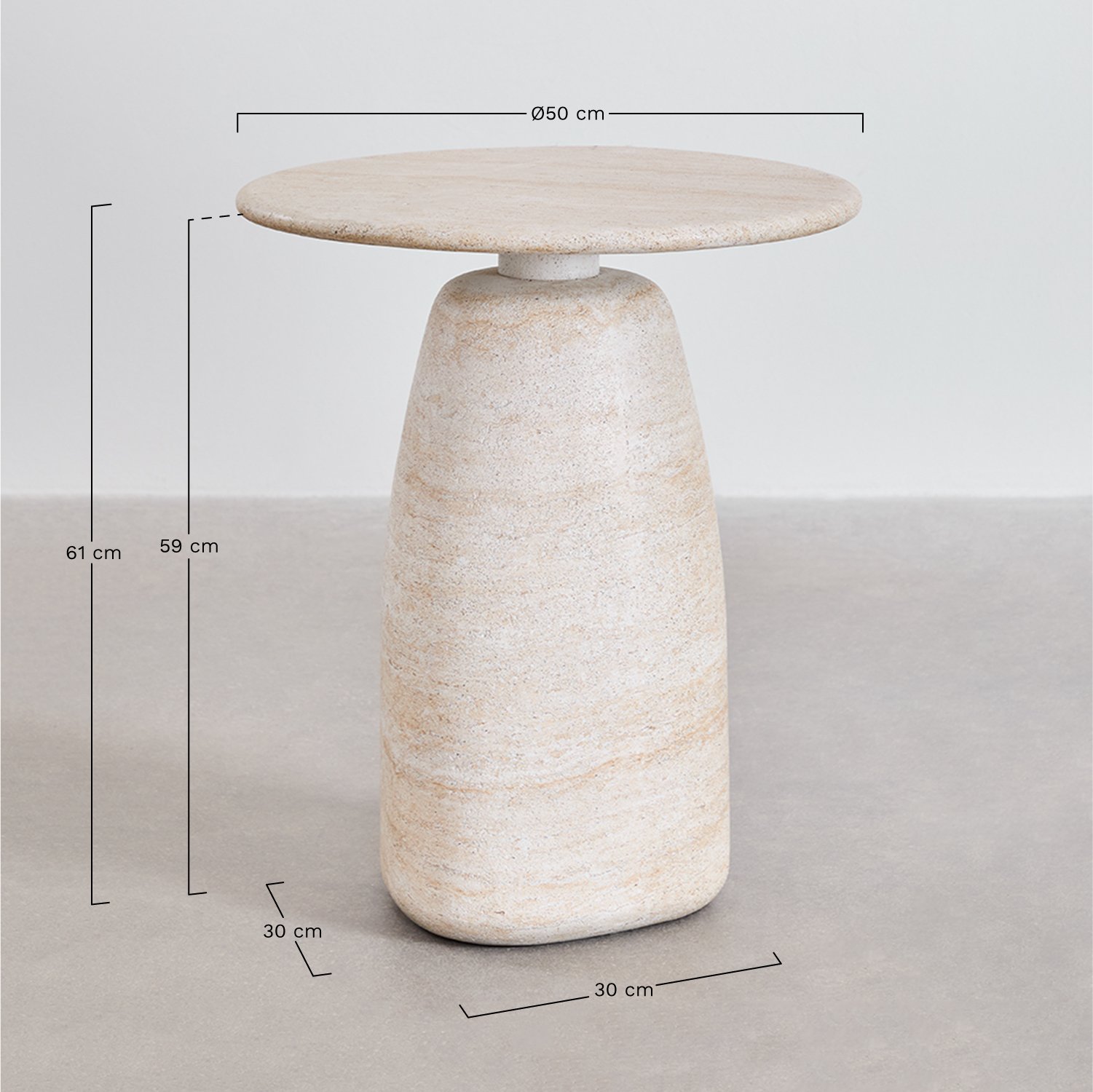 Mesa de apoio redonda em cimento look travertino Grebik, Dimensões