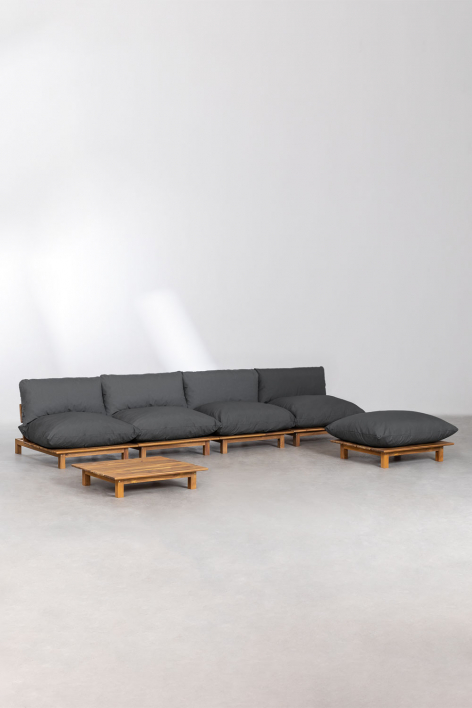 Conjunto de sala de estar com sofá modular reclinável de 4 peças, mesa de centro e puff em madeira de acácia Brina - Cinza Grafito