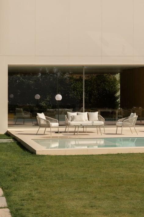 Conjunto de jardim com sofá de 2 lugares, 2 poltronas em corda trançada e mesa de centro Arhiza - Verde Cáqui