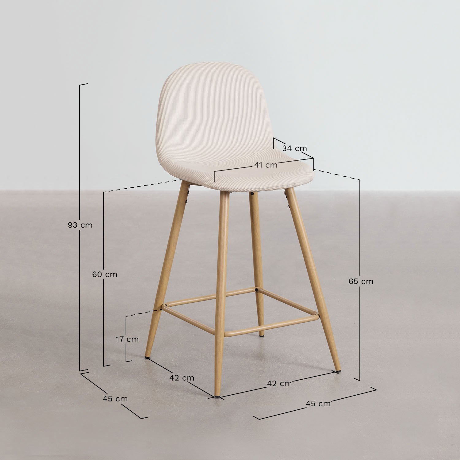 Banqueta alta em veludo cotelê Glamm, Dimens&otilde;es