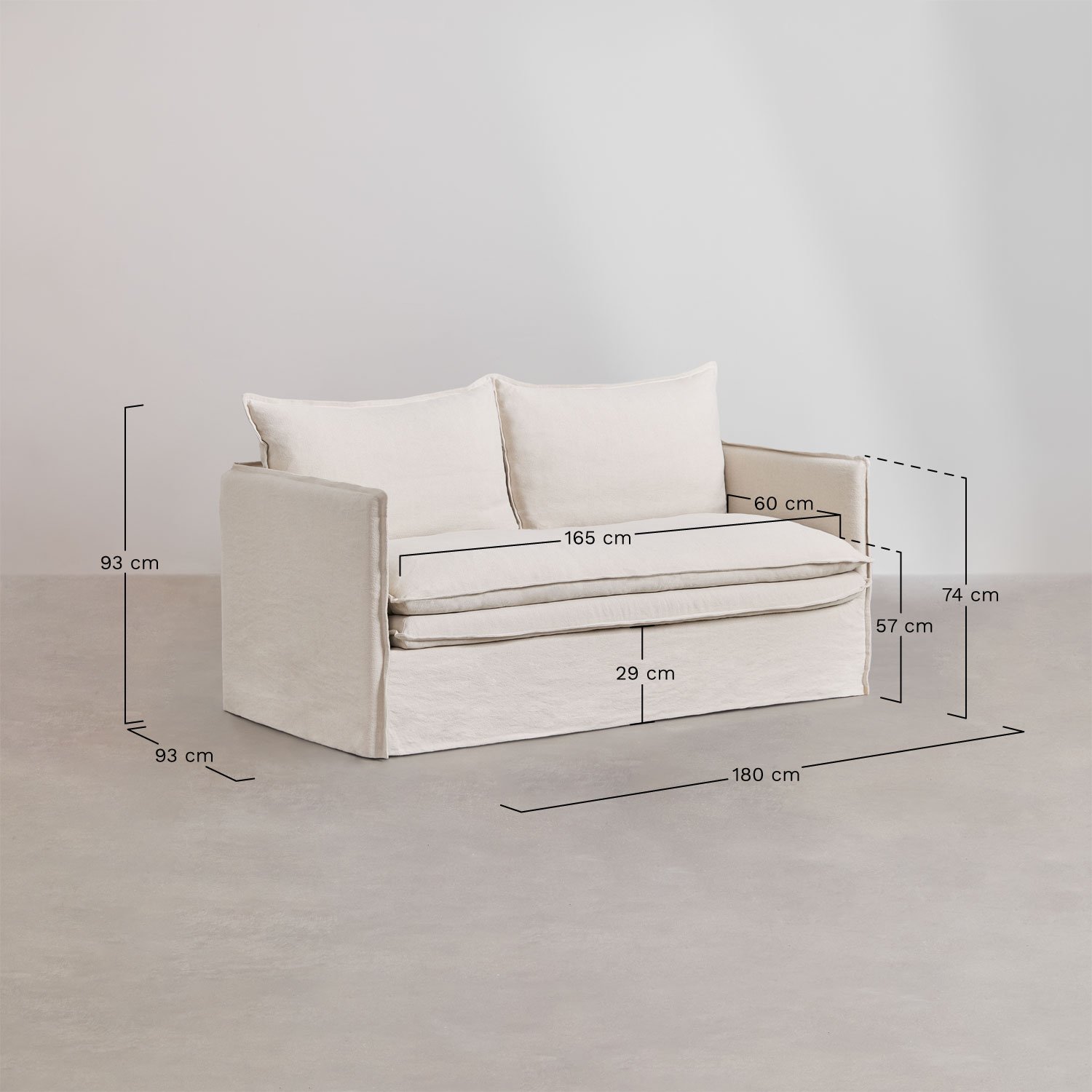 Conjunto de sala de estar com sofá de 2 lugares e poltrona em linho e algodão Grace, Dimensões