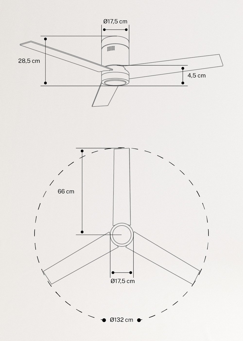 CREATE - WIND MINIMAL - Ventoinha de teto 40W silencioso Ø132 cm com luz LED 15W, Dimensões