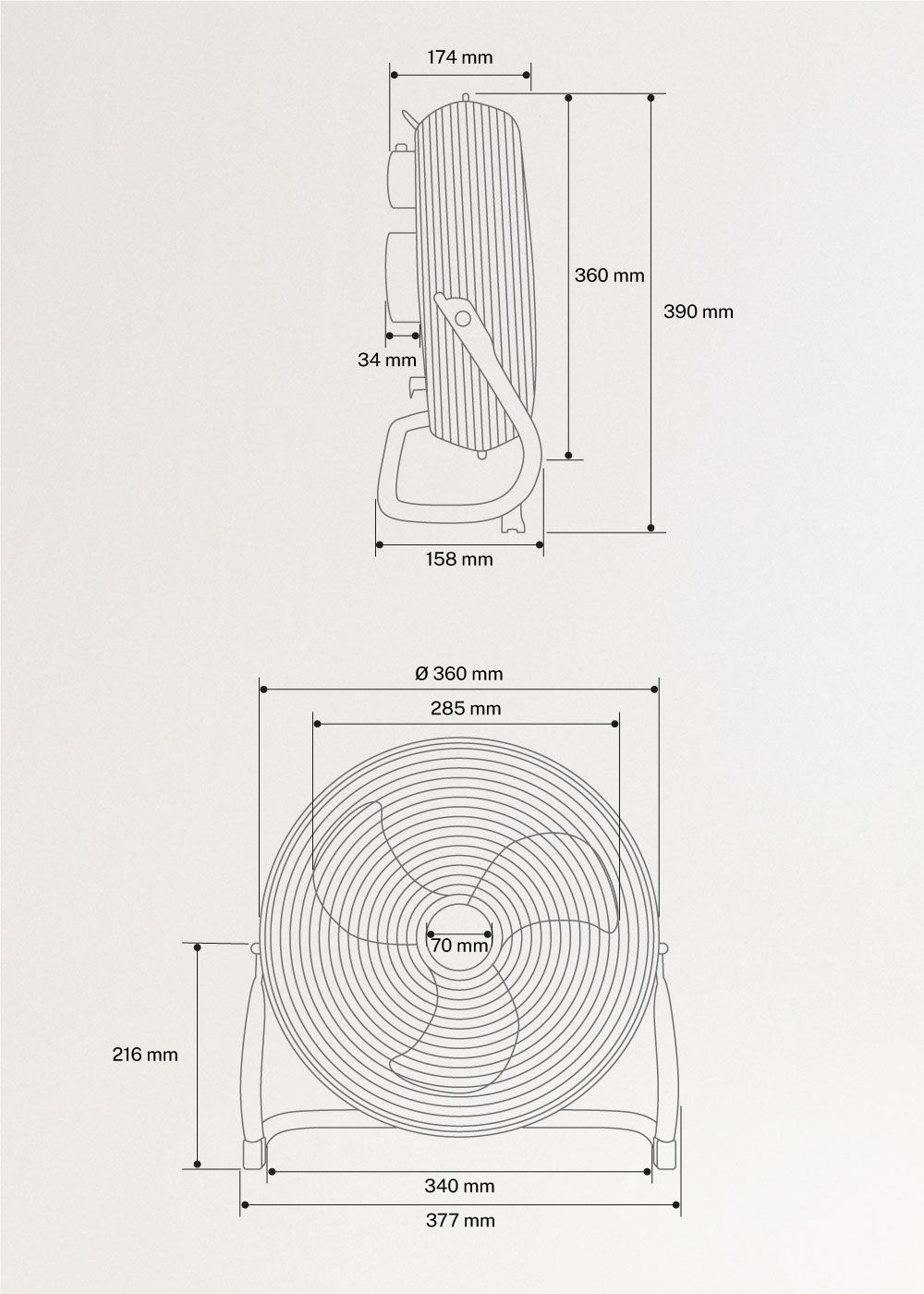 CREATE - AIR FLOOR RETRO - Ventoinha industrial de chão, Dimensões