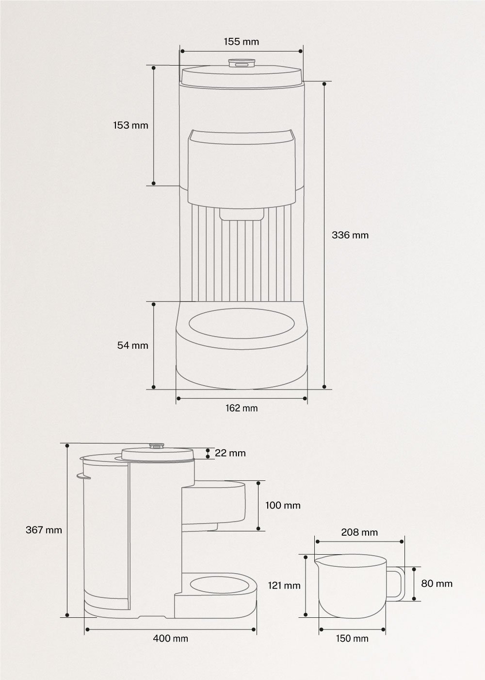 CREATE - VEGAN MILK MAKER PRO - Máquina de leite vegetal de 1.5 L, Dimensões