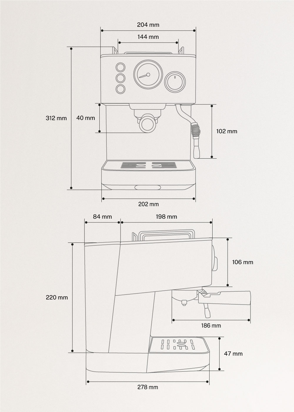CREATE - THERA CLASSIC - Máquina de café expresso, Dimensões