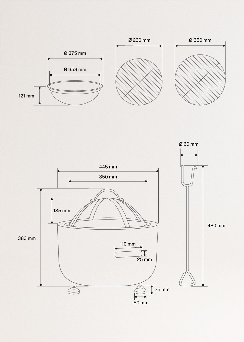CREATE - FIRE BOWL GRILL - Braseiro exterior com grill, Dimensões