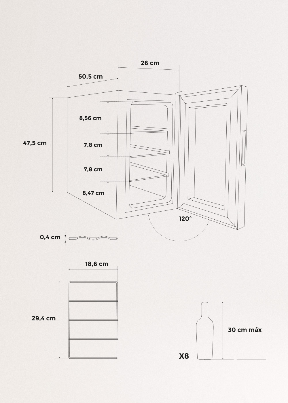CREATE - WINECOOLER S - Adega refrigerada de 8 garrafas, Dimensões