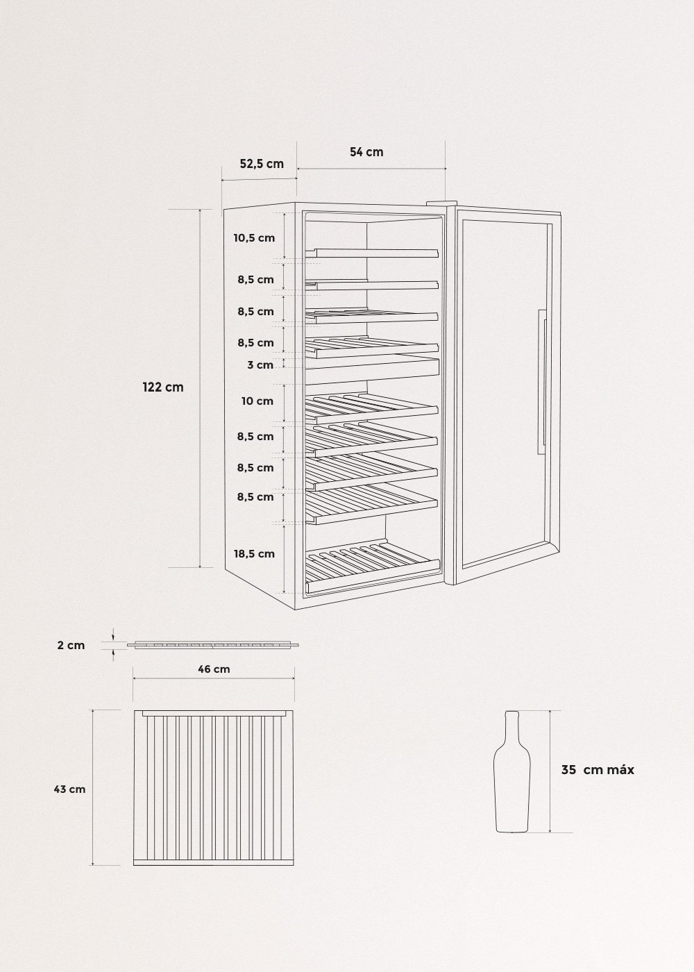 CREATE - WINECOOLER XXL - Adega refrigerada 70 garrafas, Dimensões
