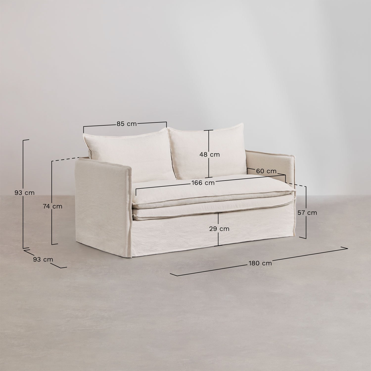 Conjunto de sala de estar com sofá de 2 lugares, poltrona e pufe em linho e algodão Grace, Dimensões