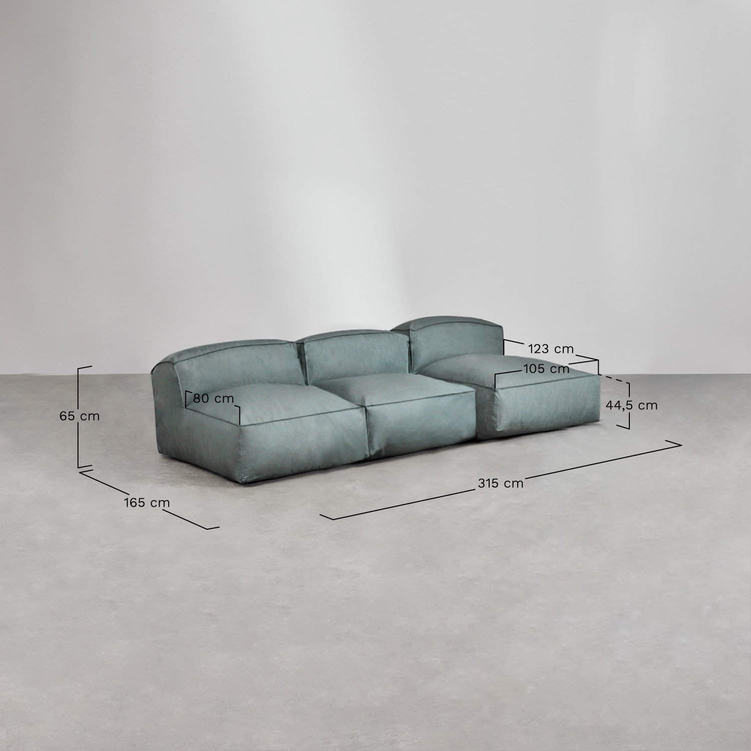 Sofá modular chaise longue de 3 peças e puff para jardim Dojans, Dimensões