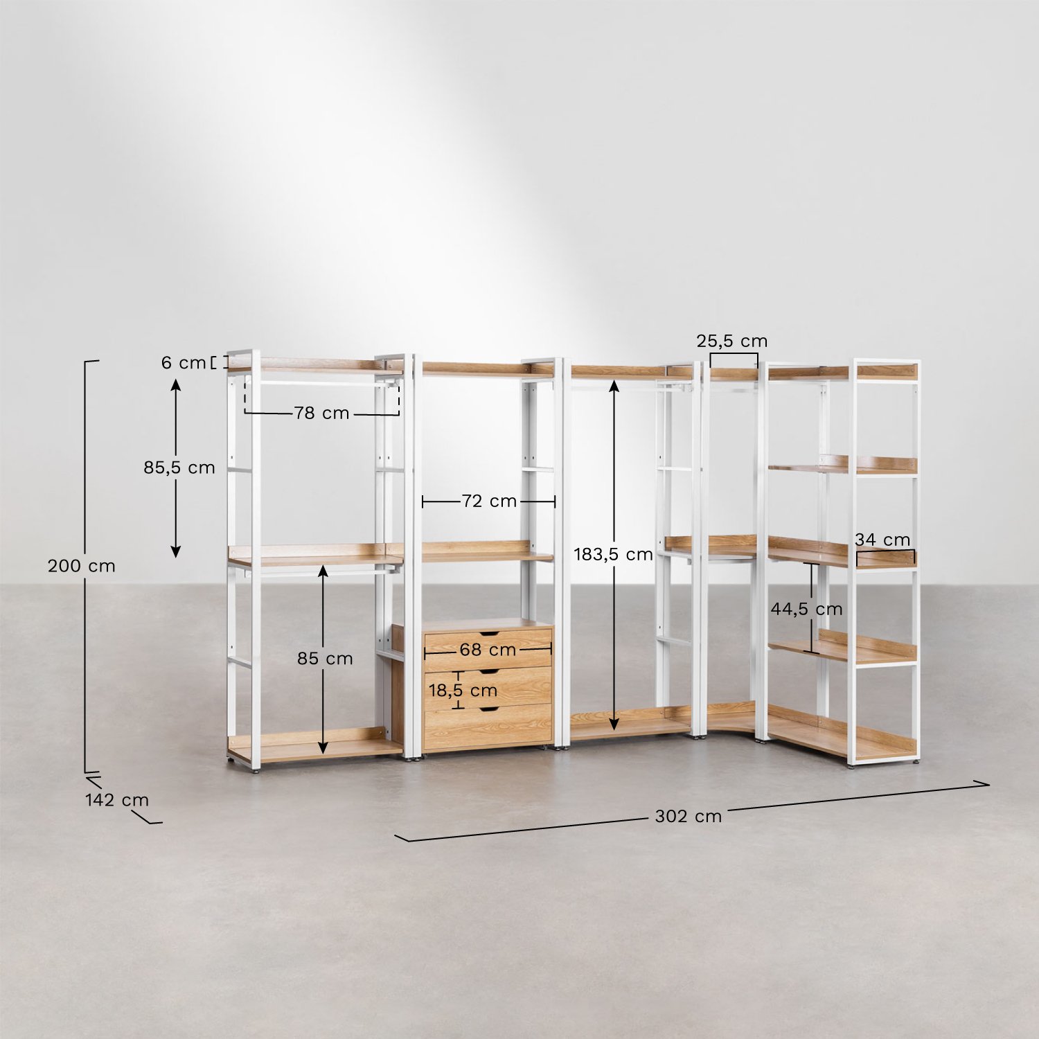 Armário modular aberto de canto de 5 peças em aço e MDF Ariaster, Dimensões