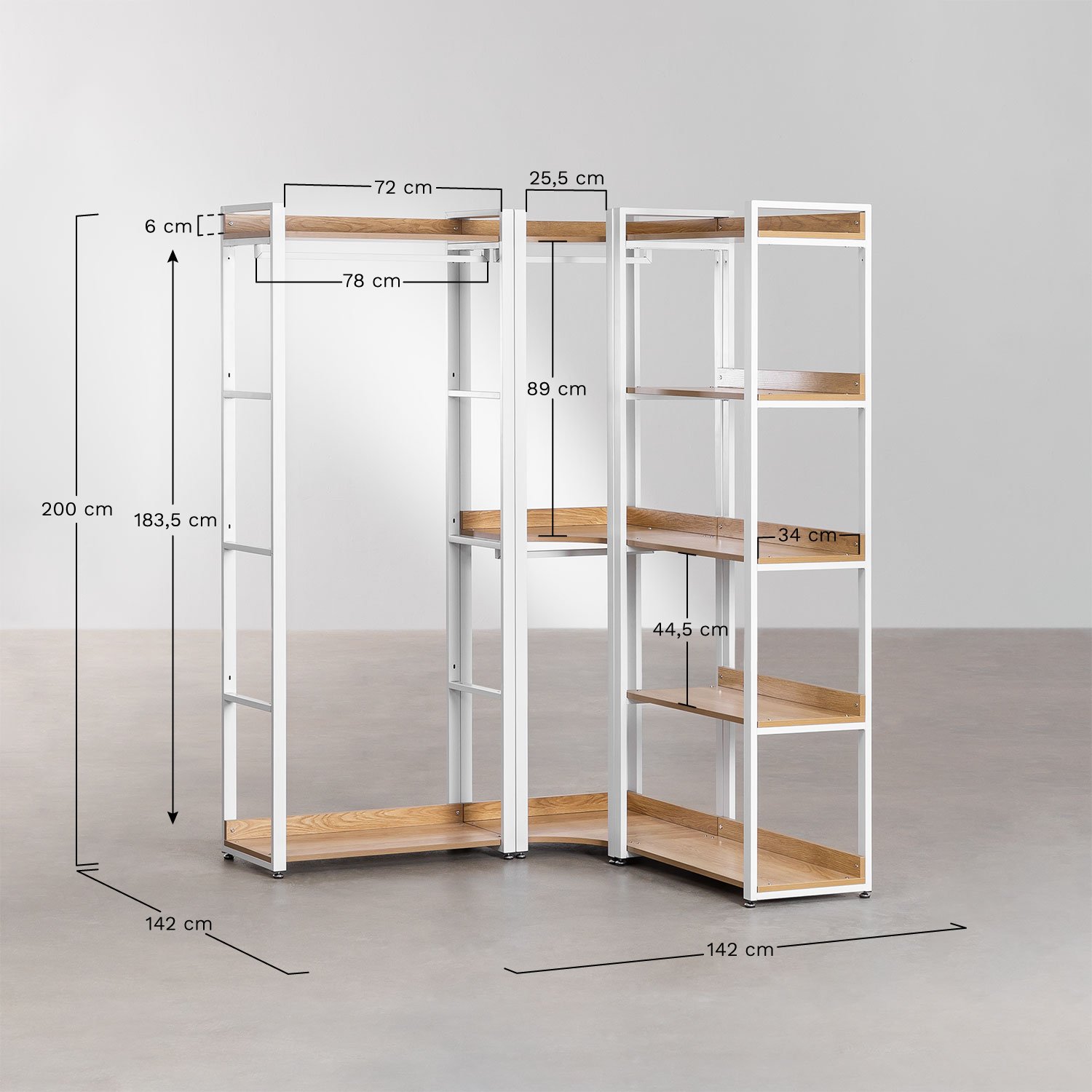 Armário modular aberto de canto de 3 peças com cabideiro em aço e MDF Ariaster, Dimensões