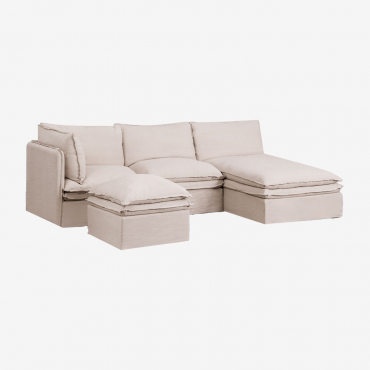 Sofá-cama Modular Grace De 3 Peças Com Chaise Longue E Pufe Em Linho E Algodão Tecido Beige - Sklum