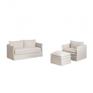 Conjunto De Sala De Estar Com Sofá De 2 Lugares, Poltrona E Pufe Em Linho E Algodão Grace Tecido Beige - Sklum