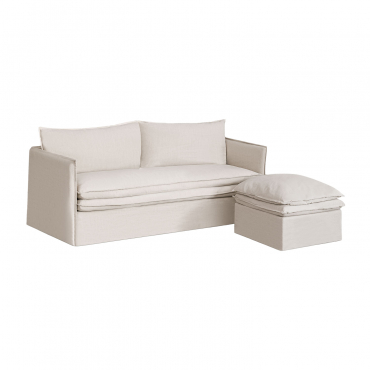 Conjunto De Sala Grace Em Linho E Algodão Com Sofá De 3 Lugares E Pufe Tecido Beige - Sklum