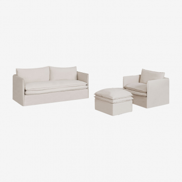Conjunto De Sala De Estar Com Sofá De 3 Lugares, Poltrona E Pufe Em Linho E Algodão Grace Tecido Beige - Sklum
