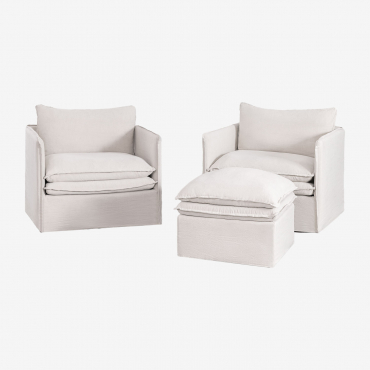 Conjunto De Sala De Estar Com 2 Poltronas E Um Pufe Em Linho E Algodão Grace Tecido Branco Quebrado - Sklum