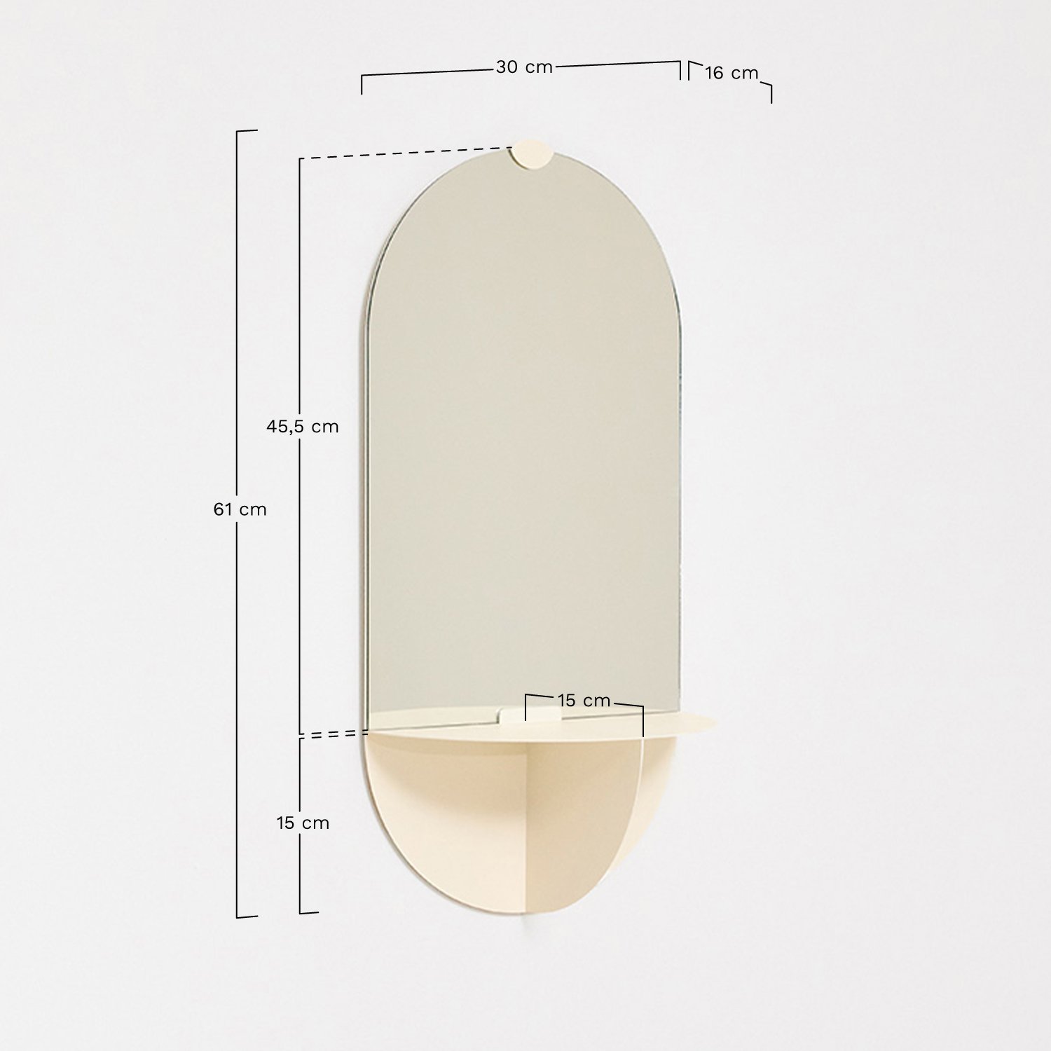 Espelho de parede oval 30x60 cm com prateleira em aço Nubino, Dimensões