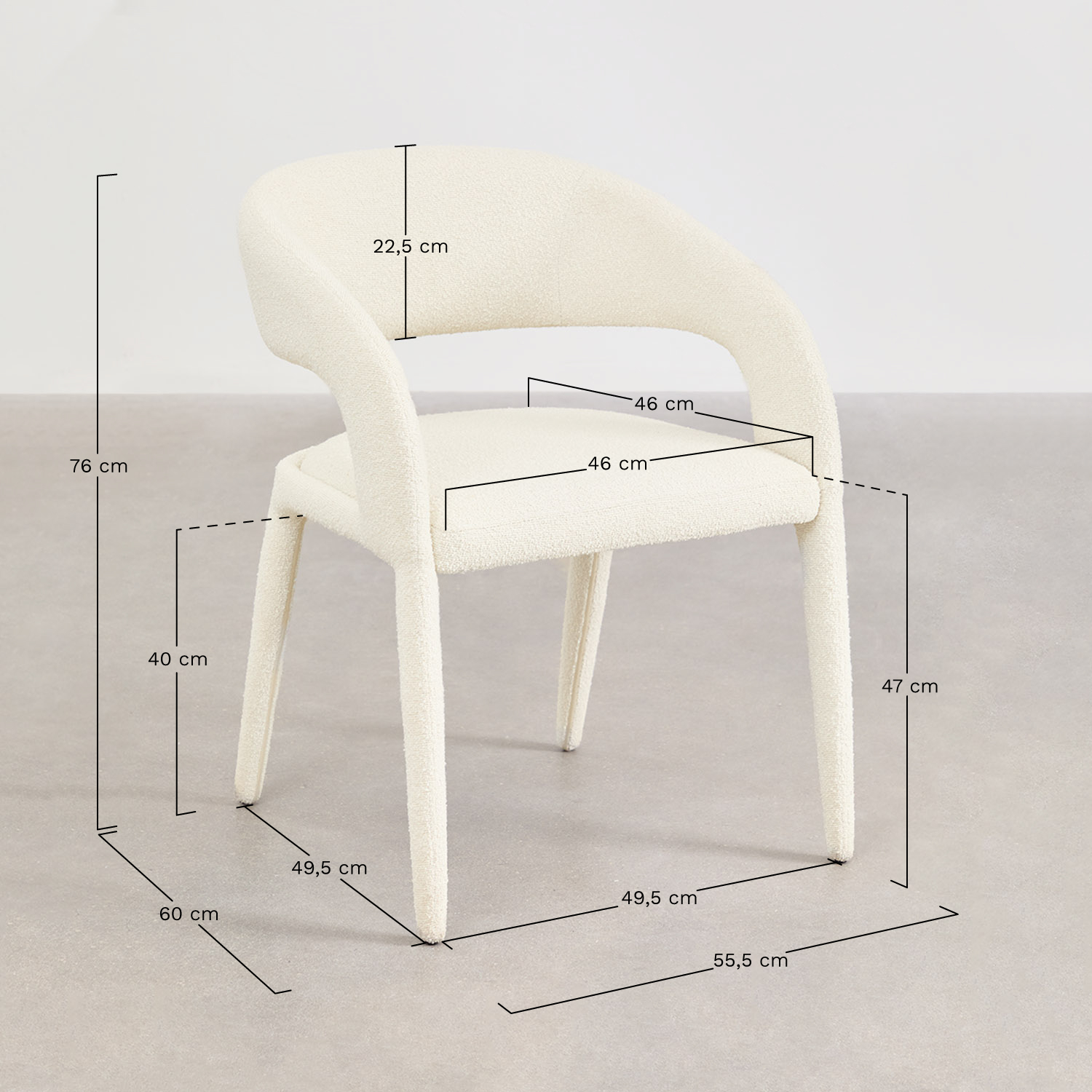 Pacote de 2 cadeiras de jantar estofadas Arazeina com braços, Dimensões