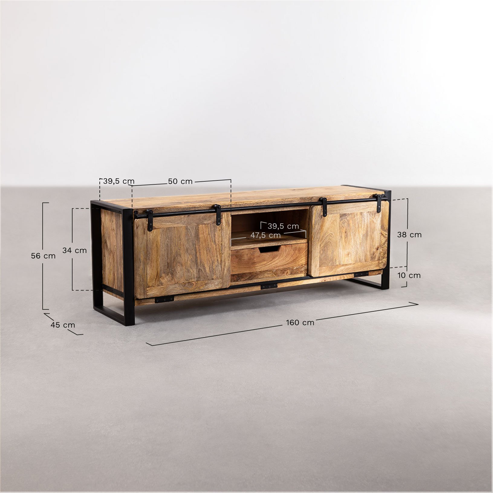 Móvel TV 160x45 cm em madeira de manga Kiefer, Dimensões