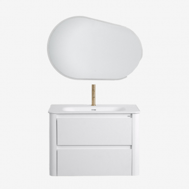 Conjunto De Móveis De Banheiro De Madeira Egerton Com Pia Integrada Branco & Oval Led E Anti-embaciamento 100x80 Cm Riben & - Sklum