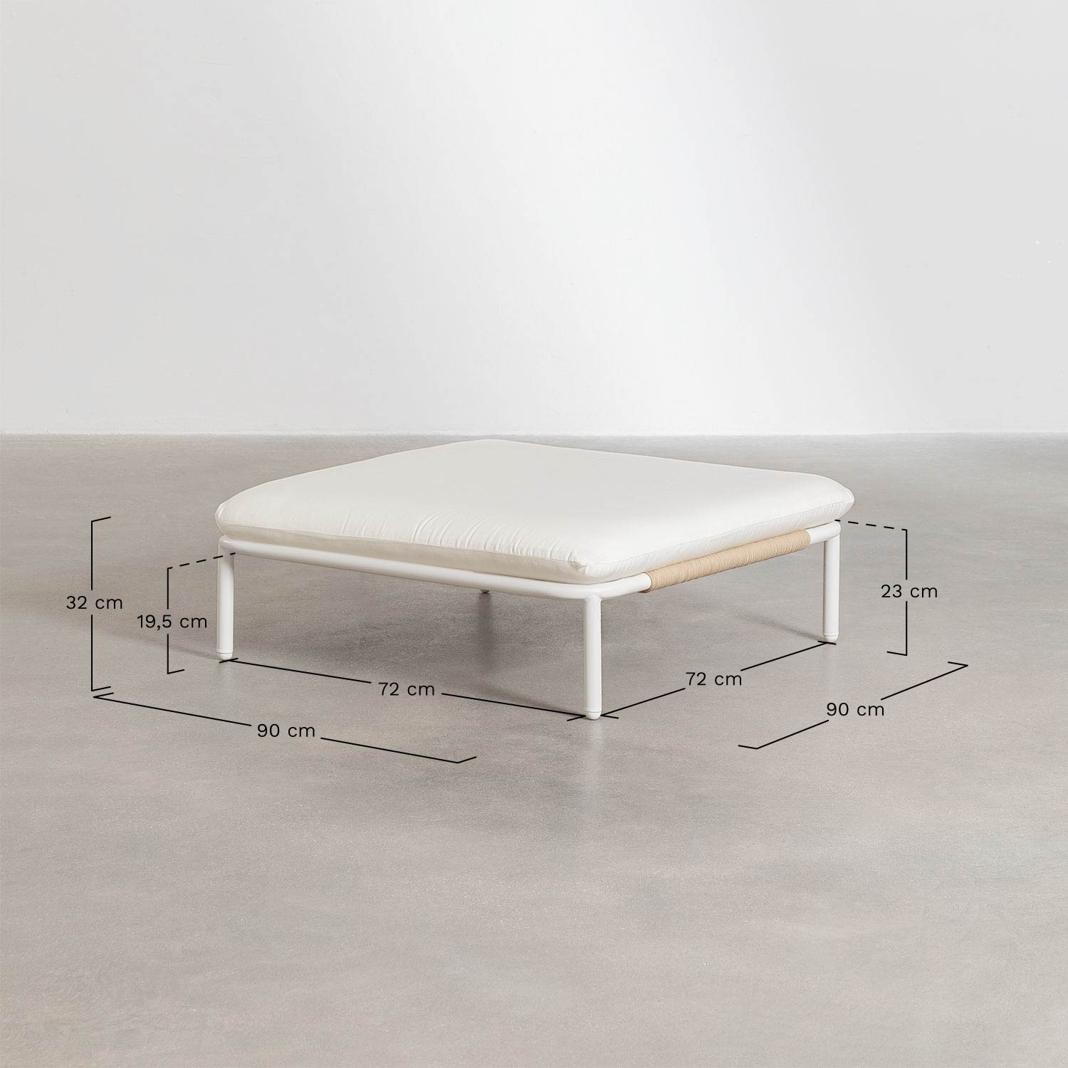 Sofá de jardim modular de 3 peças com 2 poltronas de canto, pufe e poltrona Roubly, Dimensões