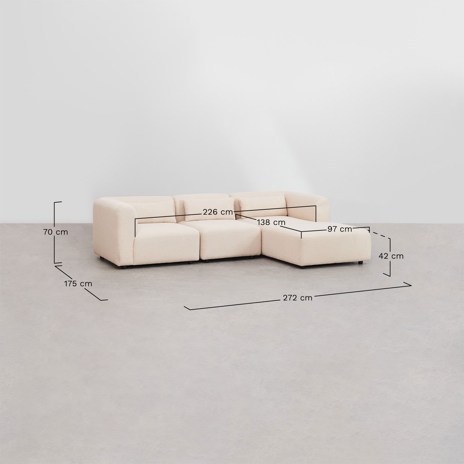 Sofá modular chaise longue direito de 3 peças Fogler, Dimensões
