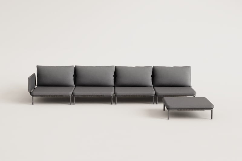 Conjunto de jardim com sofá modular de canto de 4 peças e puff em aço Roubly