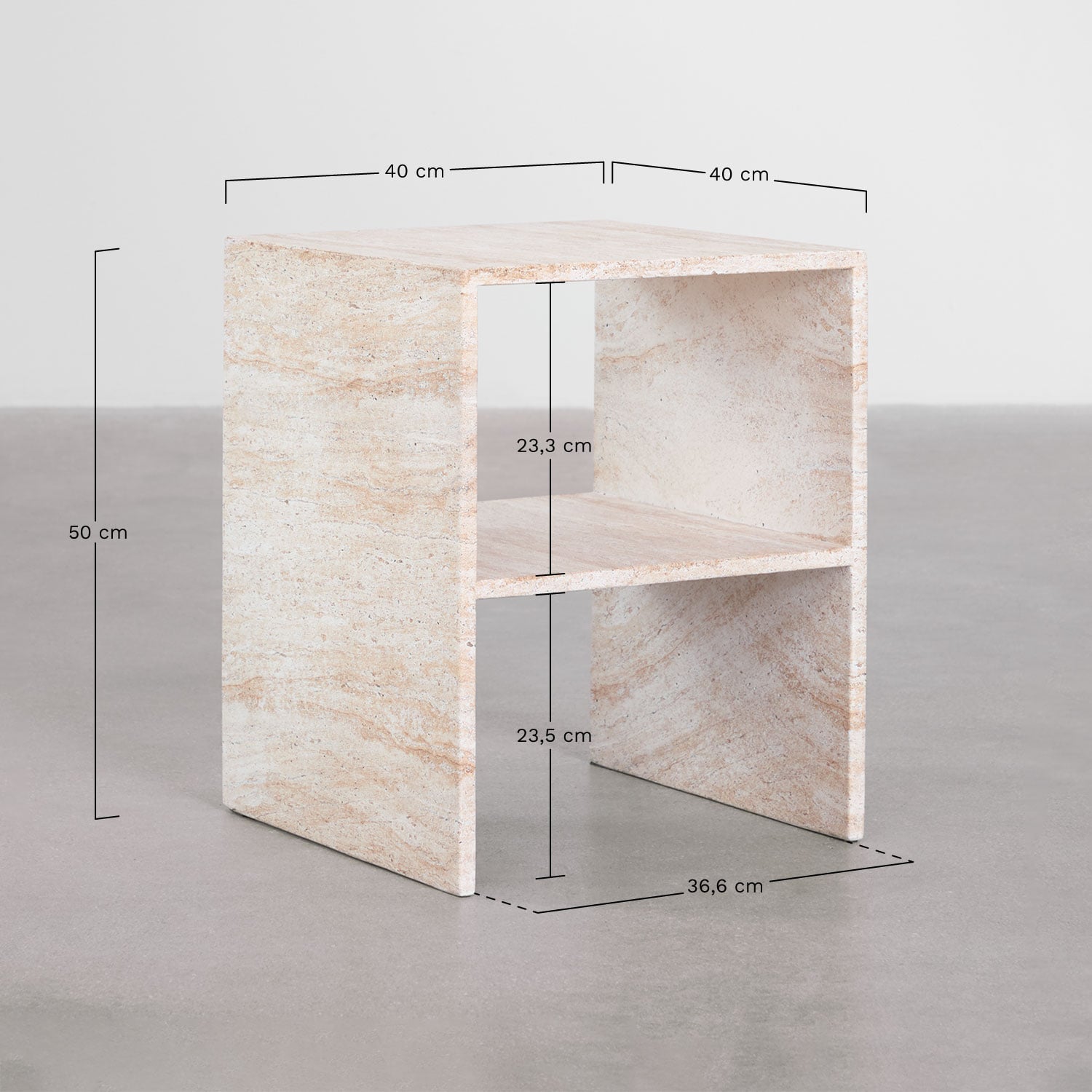 Mesa de cabeceira de cimento com aspecto de travertino Galia, Dimens&otilde;es