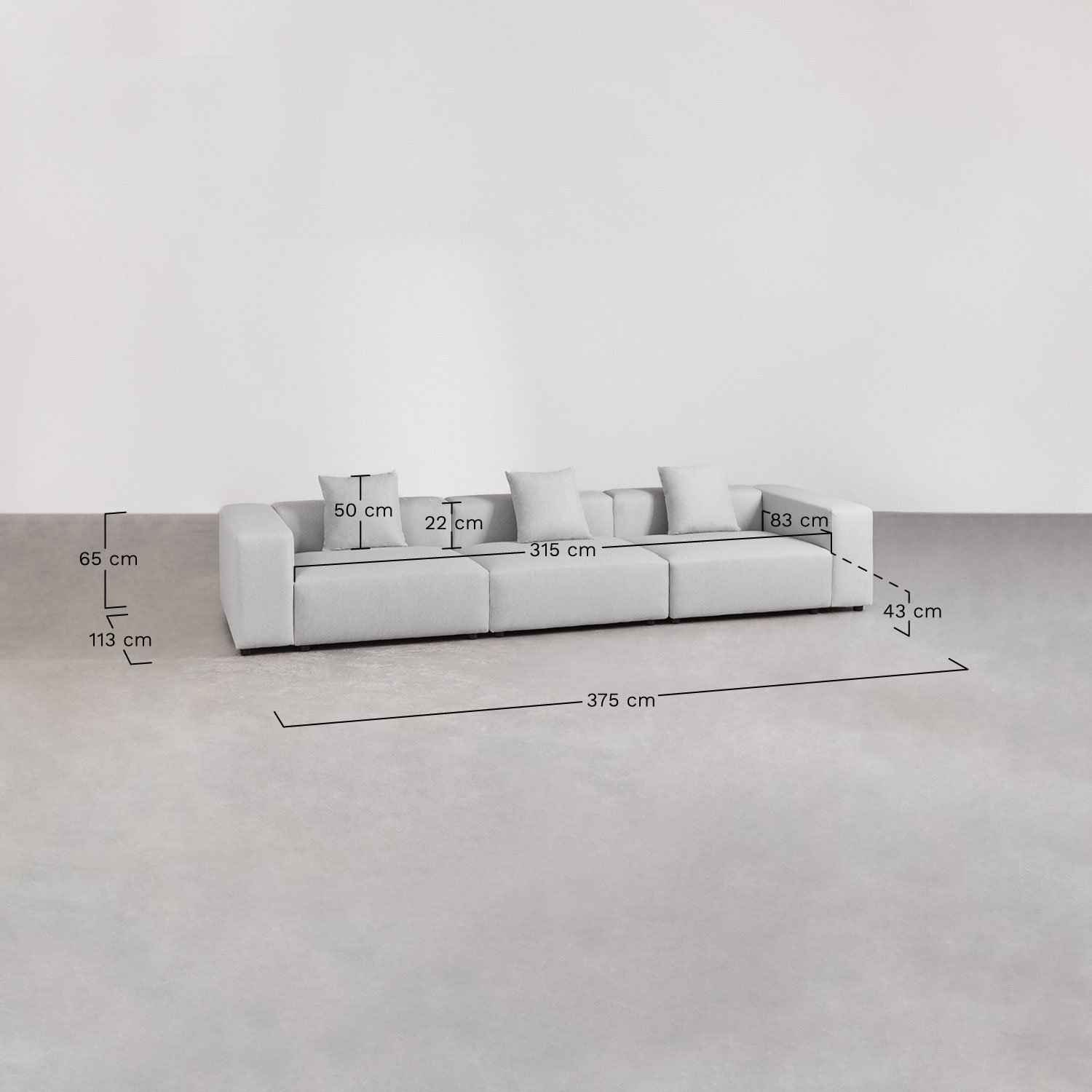 Sofá modular de 3 peças ↔︎375 cm com apoio de braço alto Bruna, Dimensões