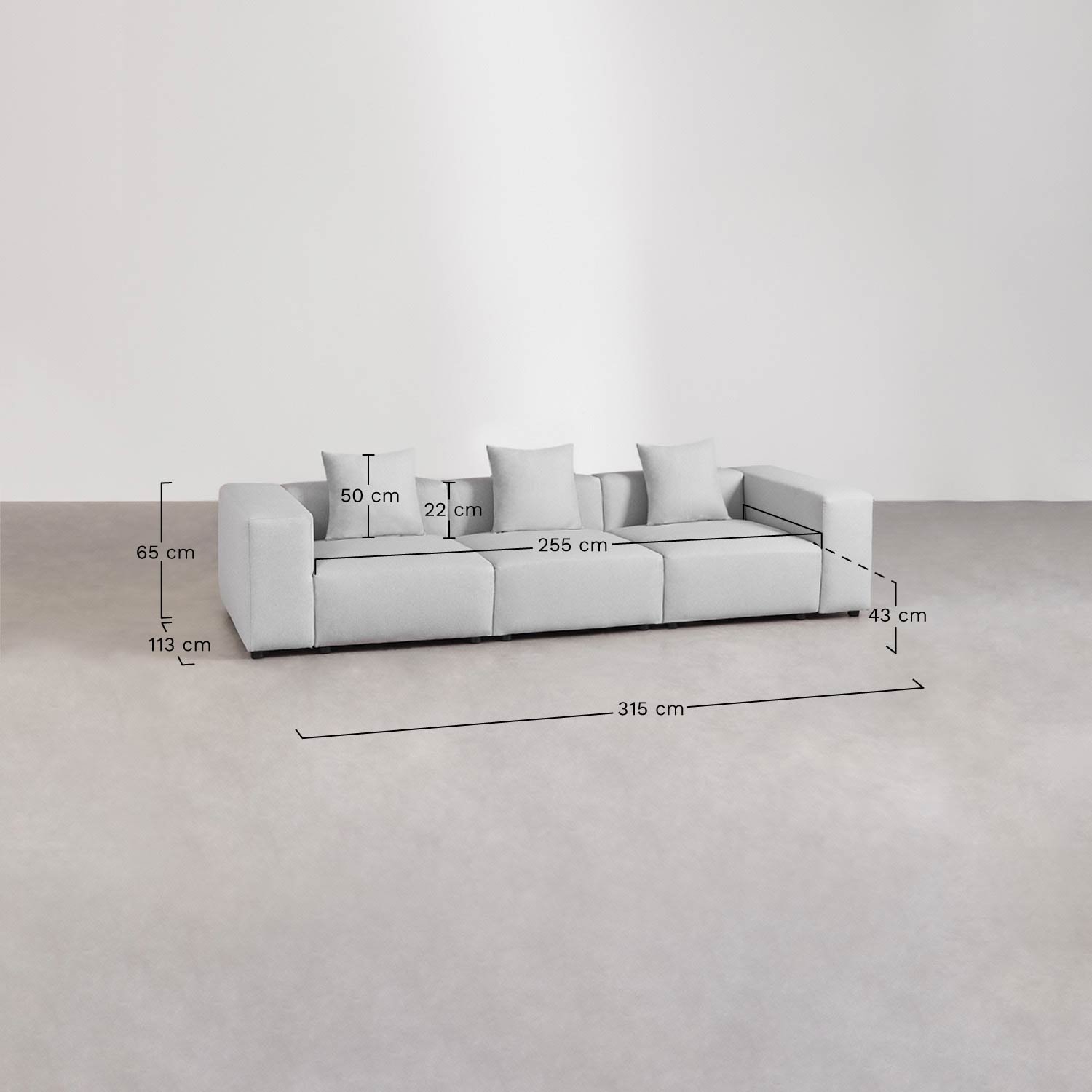 Sofá modular de 3 peças ↔︎315 cm com apoio de braço alto Bruna, Dimensões