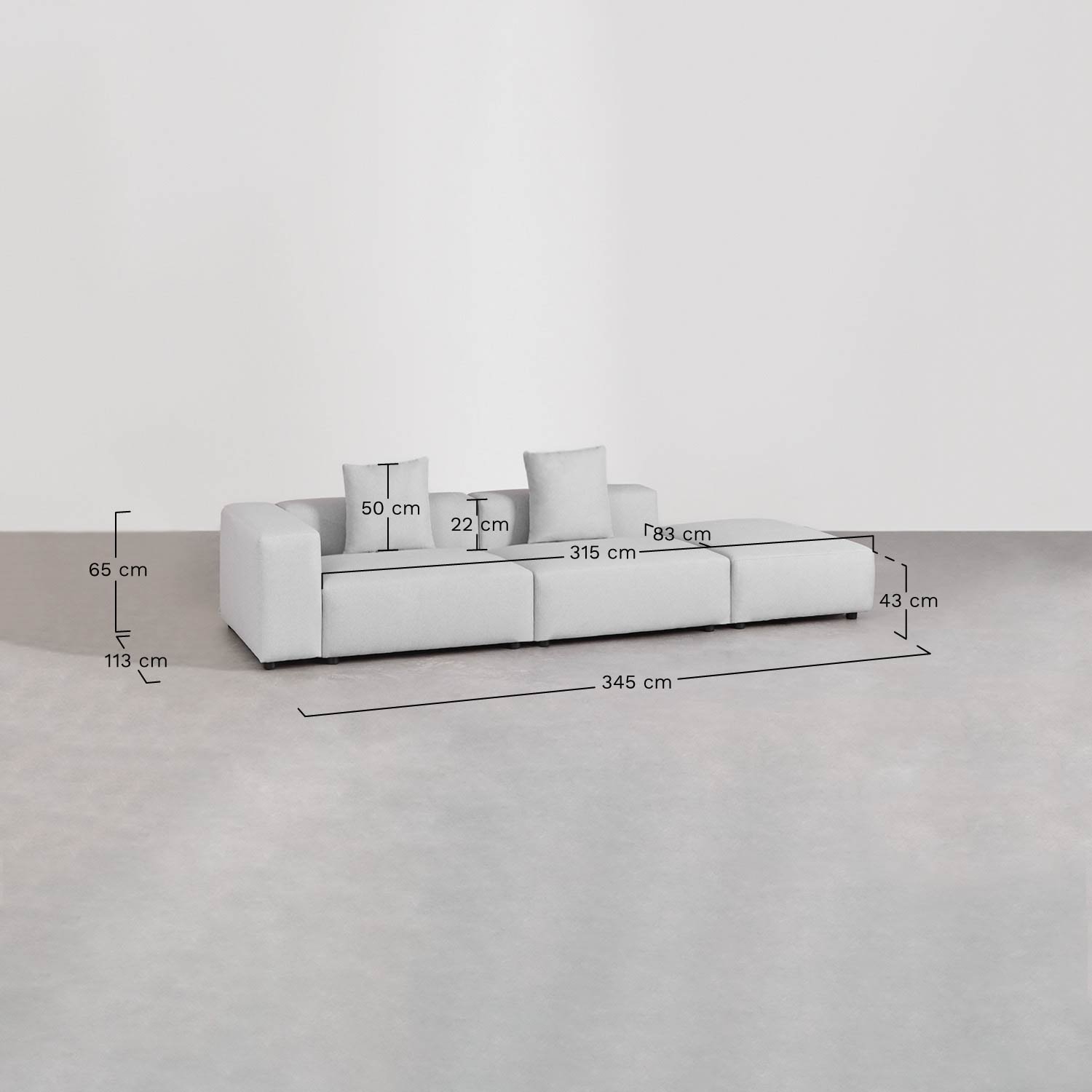 Sofá modular de canto esquerdo de 2 peças com braço alto e puff ↔︎345 cm Bruna, Dimensões