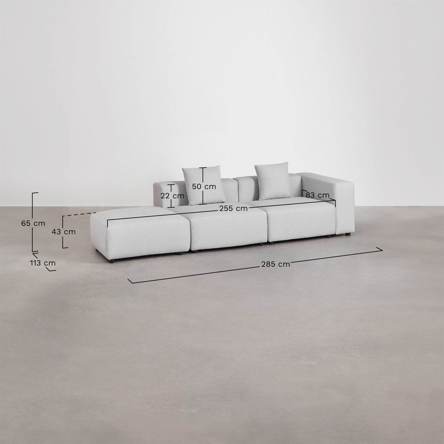 Sofá modular de canto direito de 2 peças com braço alto e puff ↔︎285 cm Bruna, Dimensões