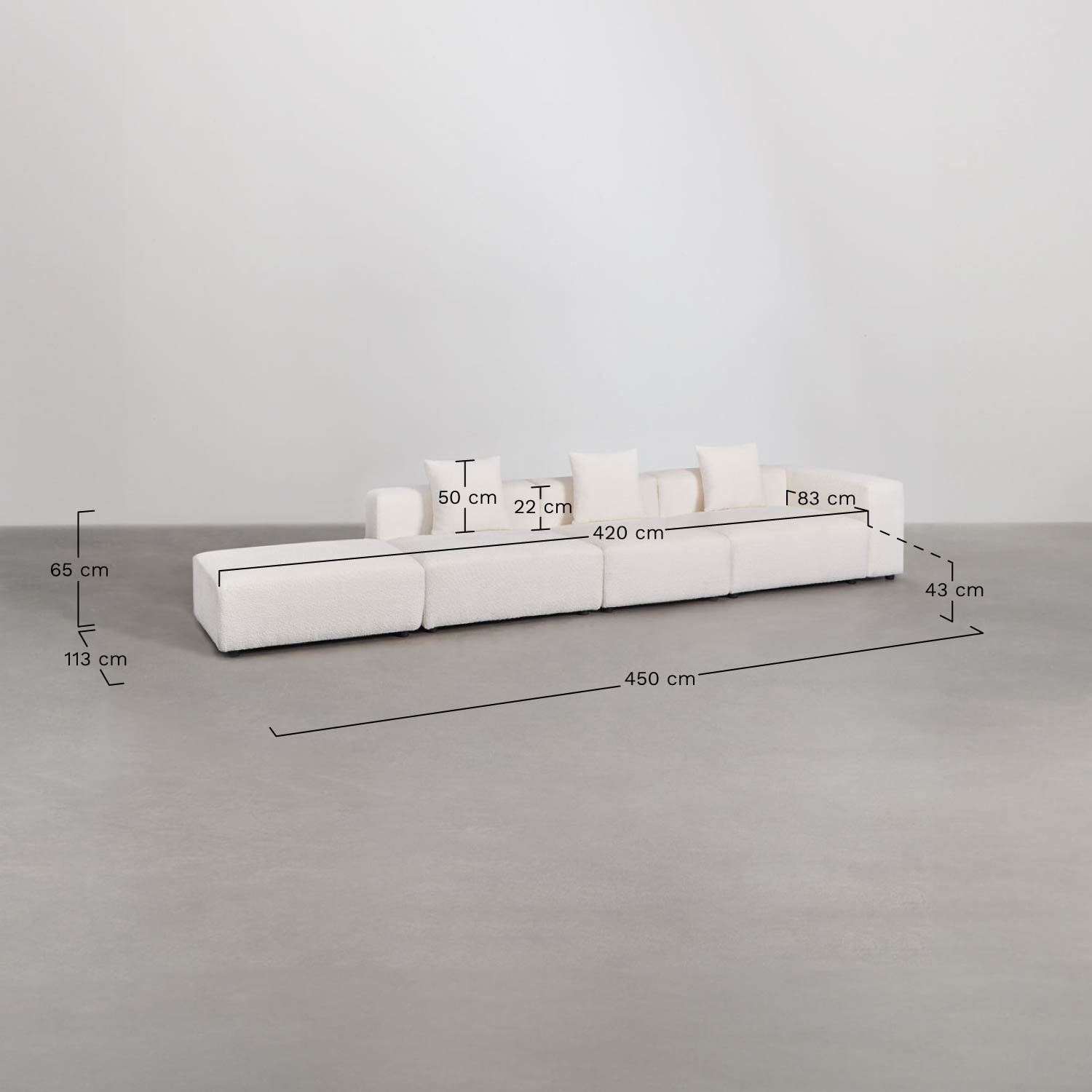 Sofá modular de canto direito de 3 peças com braço alto e puff ↔︎450 cm Bruna, Dimensões