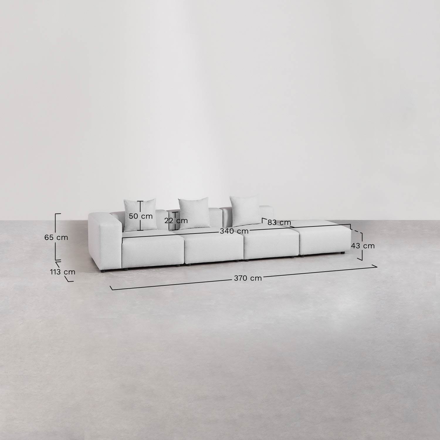 Sofá modular de canto esquerdo de 3 peças com braço alto e puff ↔︎370 cm Bruna, Dimensões