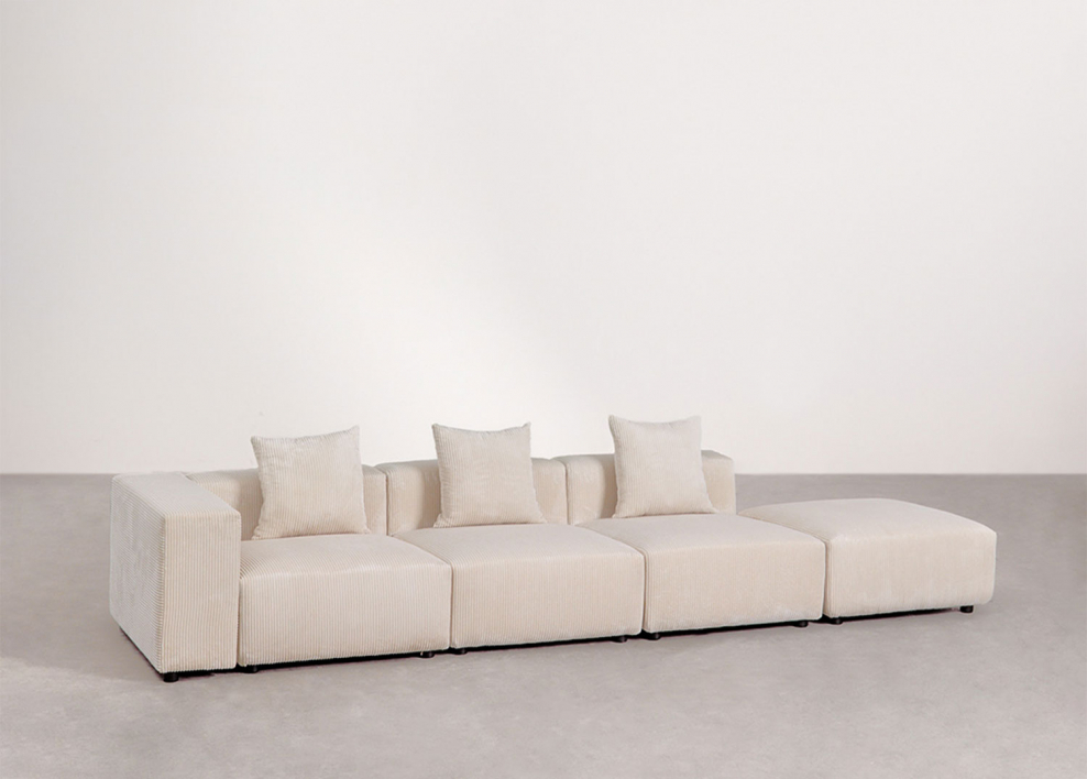 Sofá modular de canto esquerdo de 3 peças com braço alto e puff ↔︎370 cm Bruna - Bombazina Crema Linho