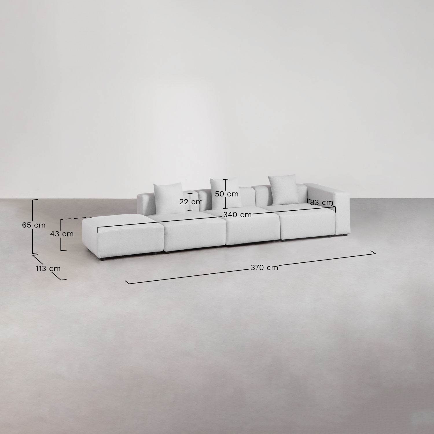 Sofá modular de canto direito de 3 peças com braço alto e puff ↔︎370 cm Bruna, Dimensões