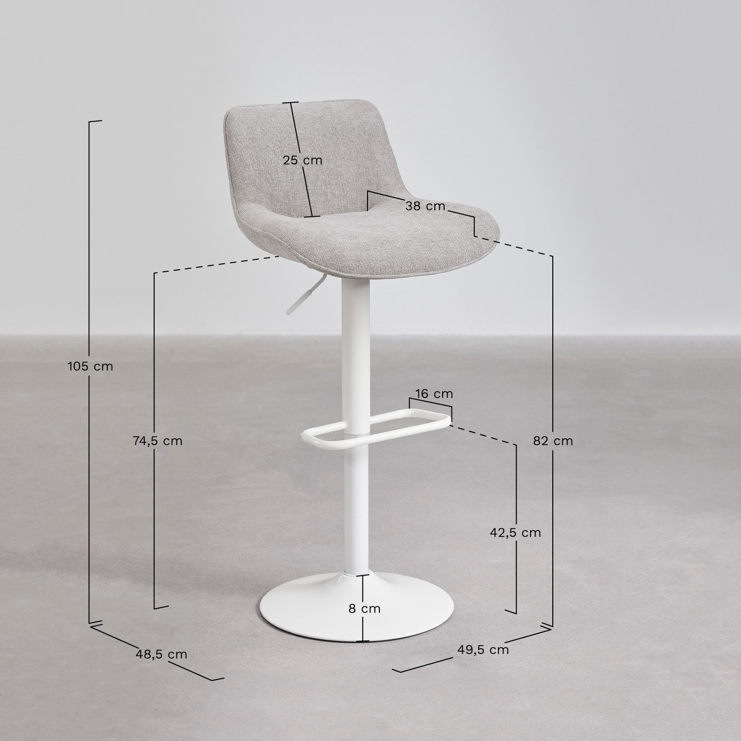 Pack de 2 bancos altos reguláveis com encosto em metal e tecido Igarasi  , Dimensões